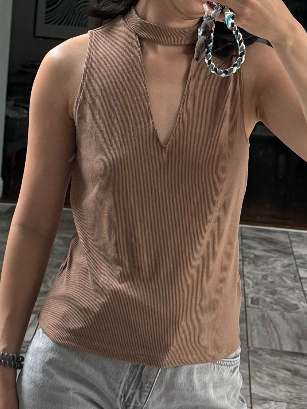 Zara Brown Sleeveless Mock Neck Tank with V-Cut